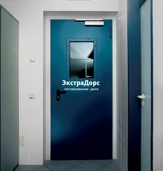 Противопожарная дверь 1 типа синяя c выпадающим порогом с остеклением в Звенигороде  купить