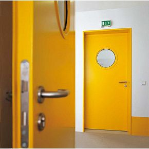 Противопожарная алюминиевая дверь со стеклом желтого цвета